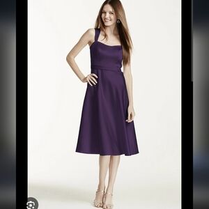 NWT David's Bridal Satin Wide Strap Tea Length Lapis Dress ~sz 12